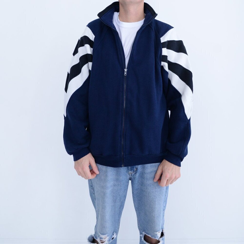 Vintage Athletic Works Blue White Zip Up Sweater Large